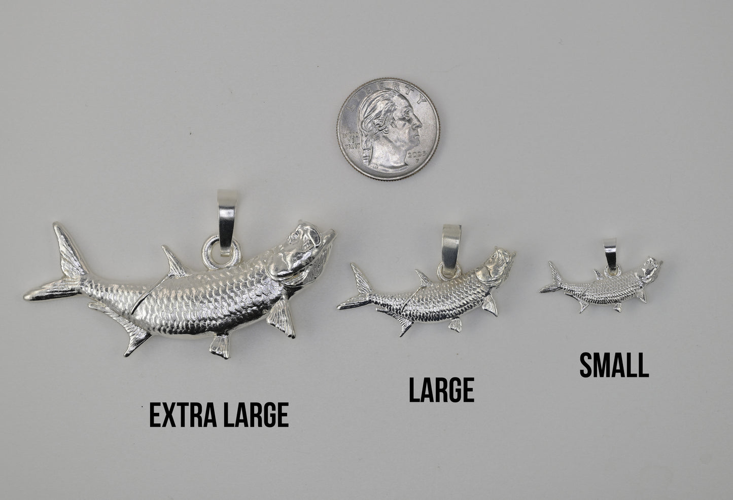Size reference photo extra large tarpon vs large tarpon vs small tarpon vs U.S. Quarter
