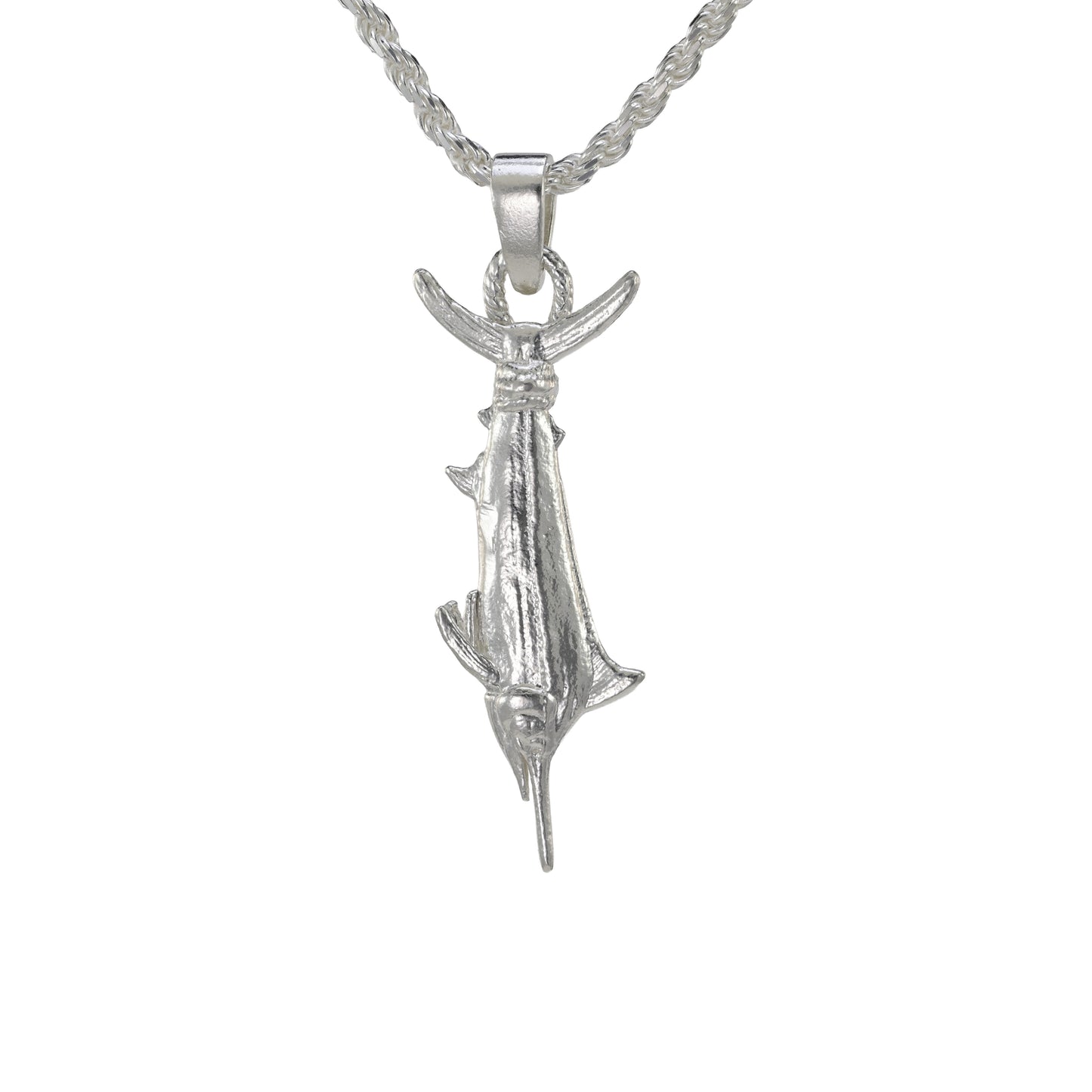 A Sterling Silver Black Marlin Pendant hung vertical by its tail
