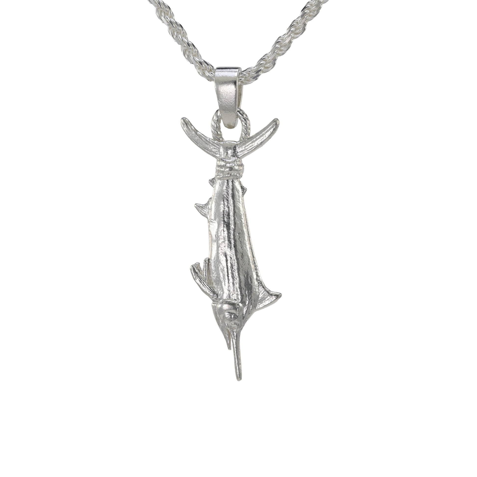 A Sterling Silver Black Marlin Pendant hung vertical by its tail