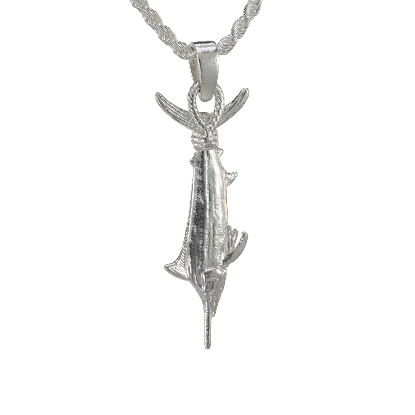 A sterling silver black marlin pendant tail wrapped and hung vertical