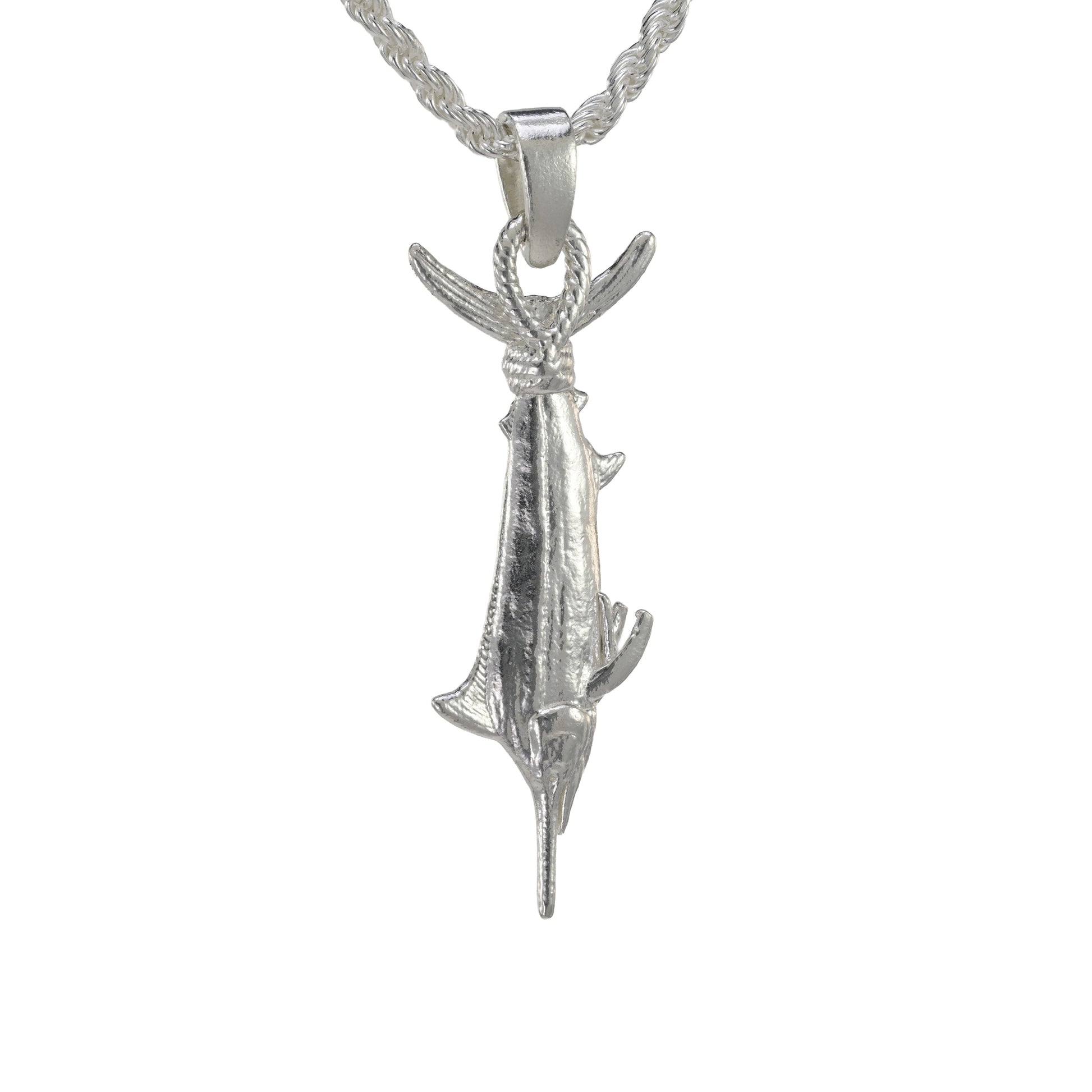 A sterling silver black marlin pendant tail wrapped and hung vertical