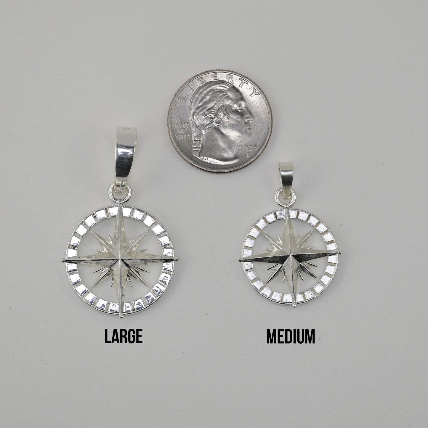 compass rose pendant large vs medium vs quarter size reference