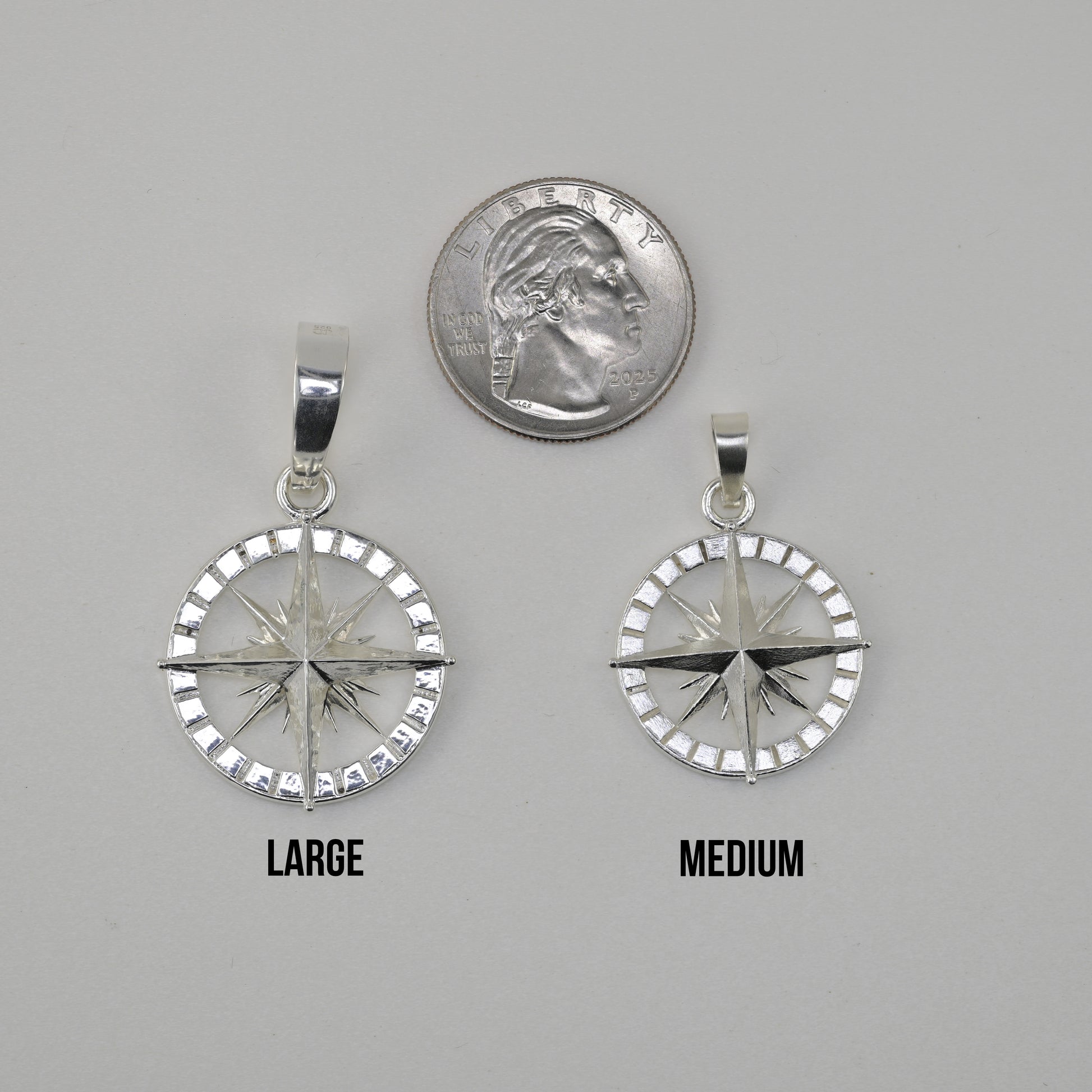 compass rose pendant large vs medium vs quarter size reference