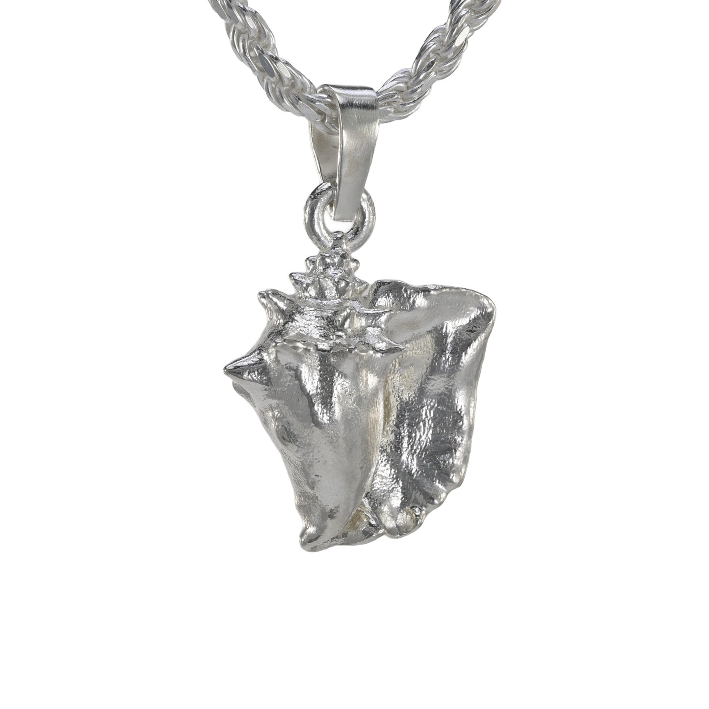 Queen conch small pendant in sterling silver on a rope necklace