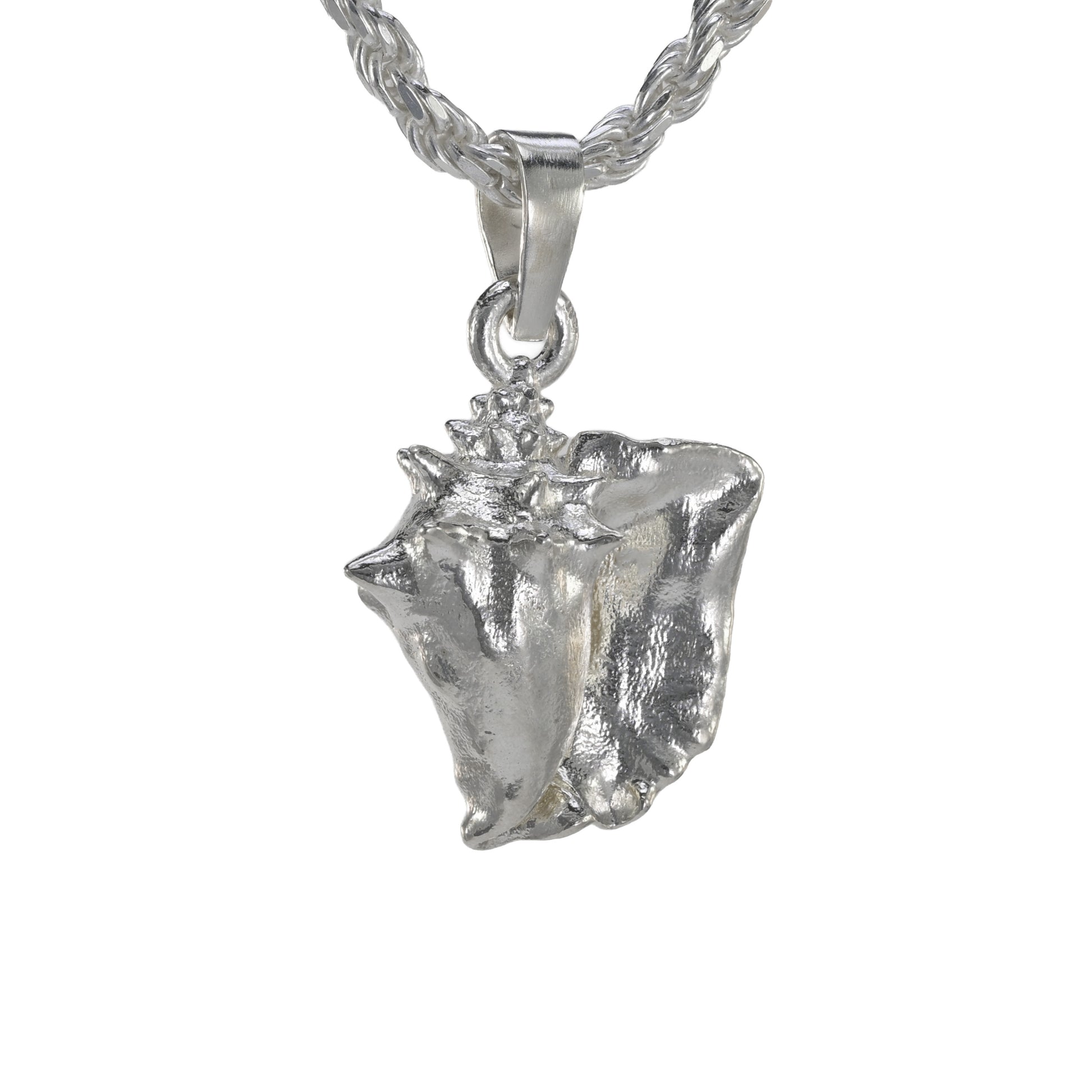 Queen conch small pendant in sterling silver on a rope necklace