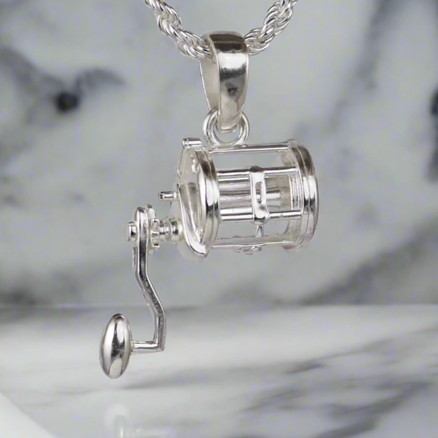 14k fishing reel pendant - Conventional Silver Reel Pendant Fishing Reel Pendant - Conventional