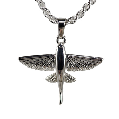 Medium Flying Fish Pendant made in solid polished sterling silver shown on a rope necklace 
