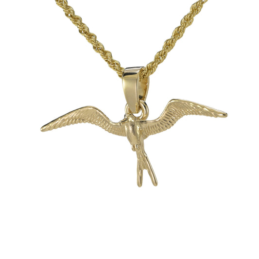 Small 14k yellow gold frigate bird female shown hanging on a 14k yellow gold necklace. 