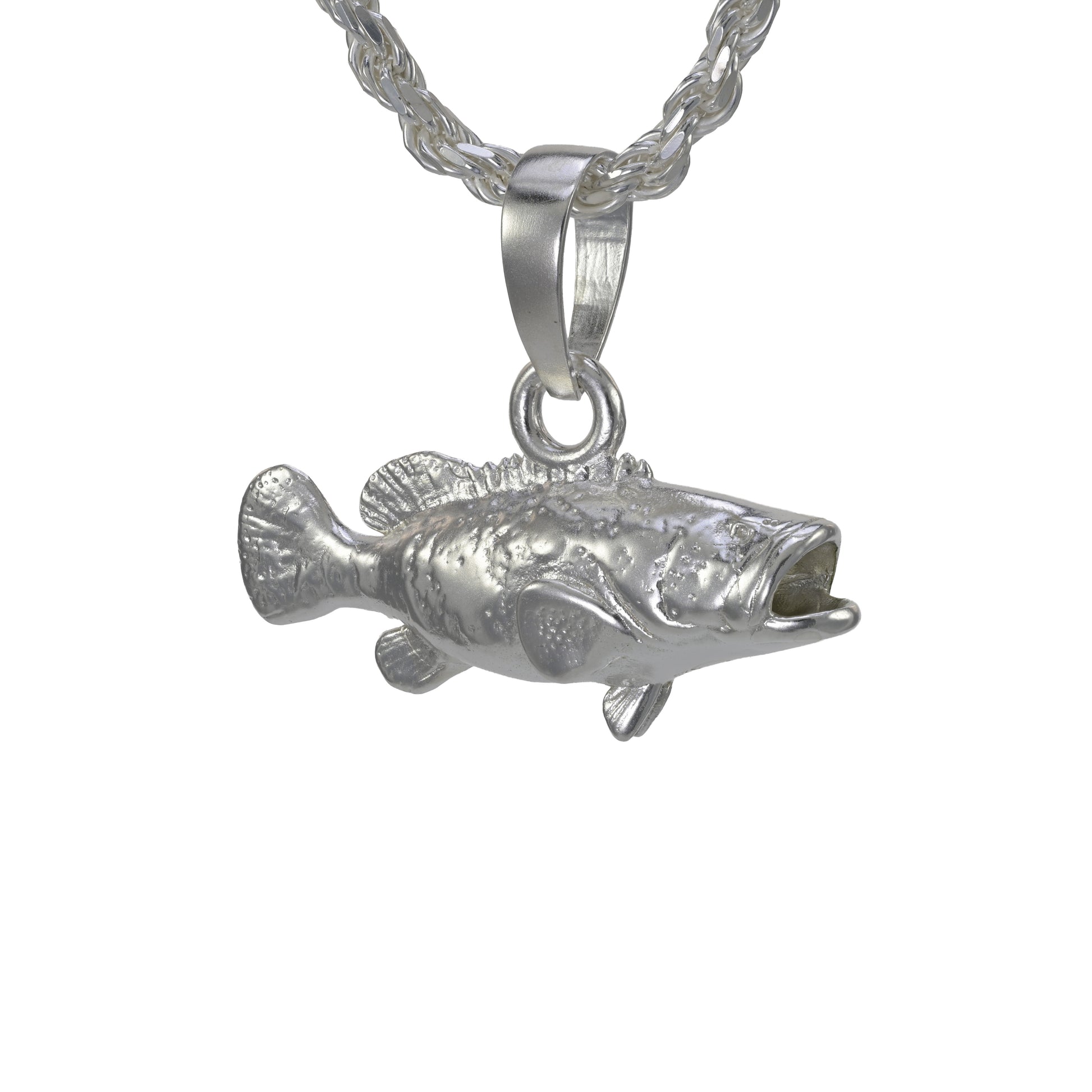 Large Goliath Grouper fish pendant in solider sterling silver with a large bail and double sided detail shown on a rope necklace