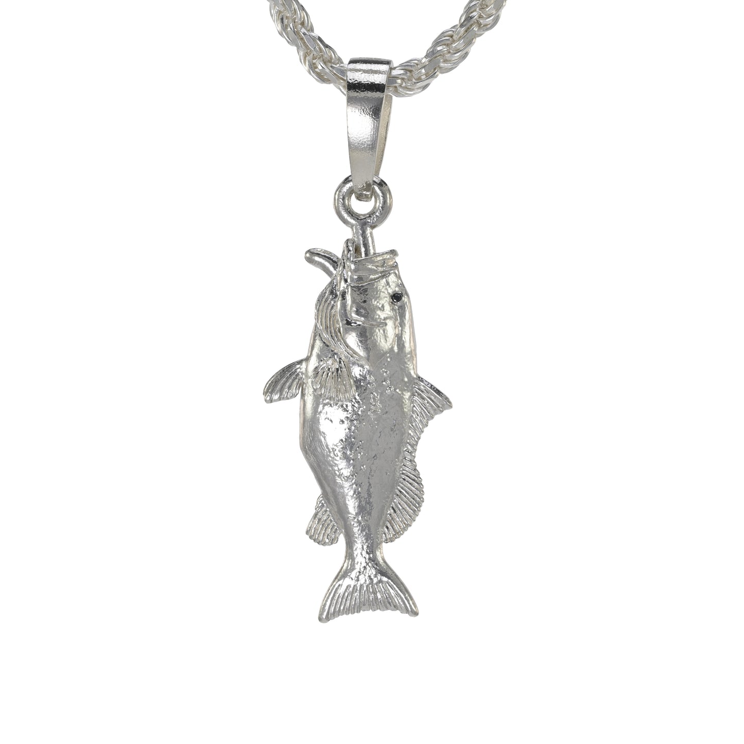 Sterling silver red grouper pendant hung vertically by its mouth 