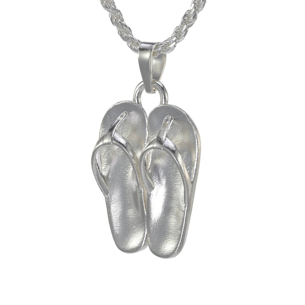Sterling silver pair of sandals pendant shown on a rope necklace