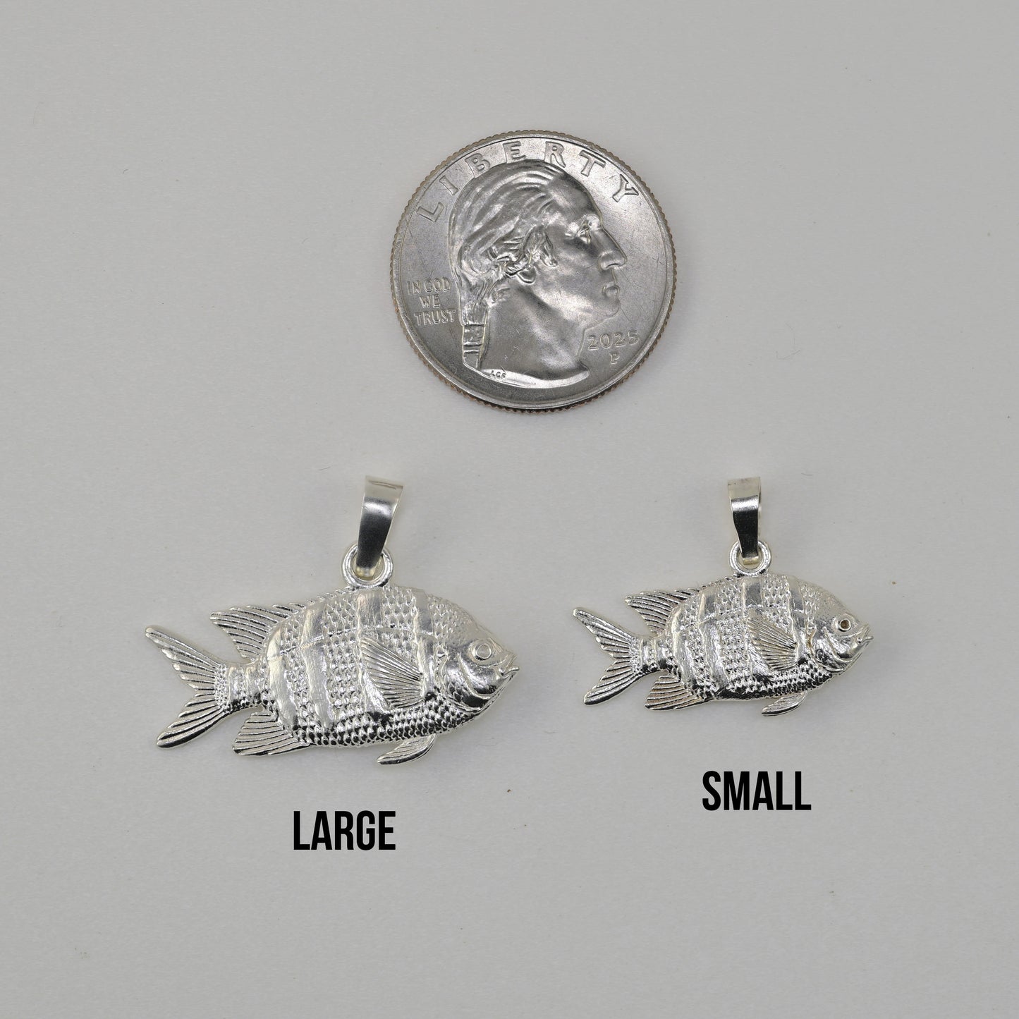 Sergeant major fish pendant size comparison large vs small vs quarter