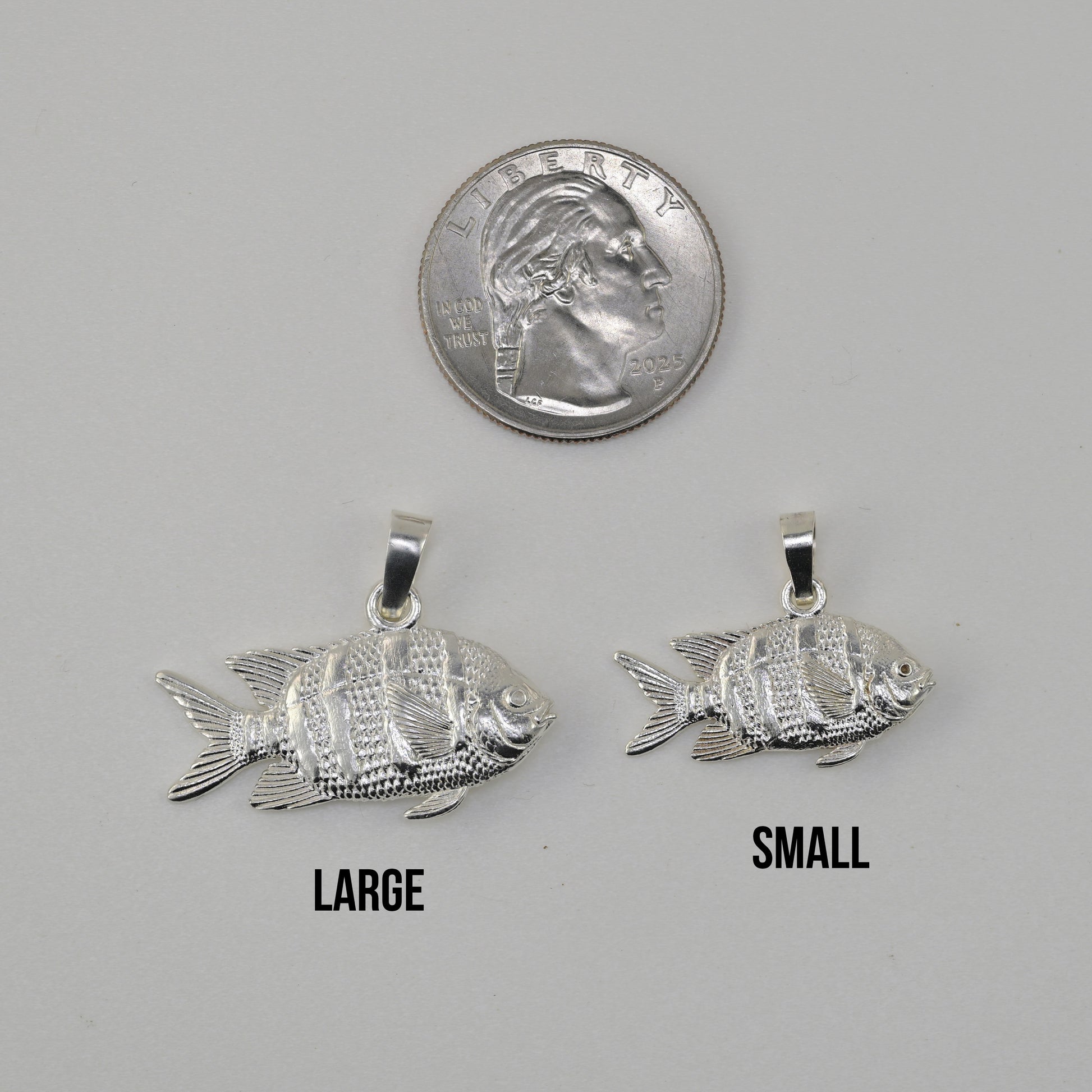 Sergeant major fish pendant size comparison large vs small vs quarter