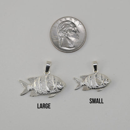 Sergeant major fish pendant size comparison large vs small vs quarter