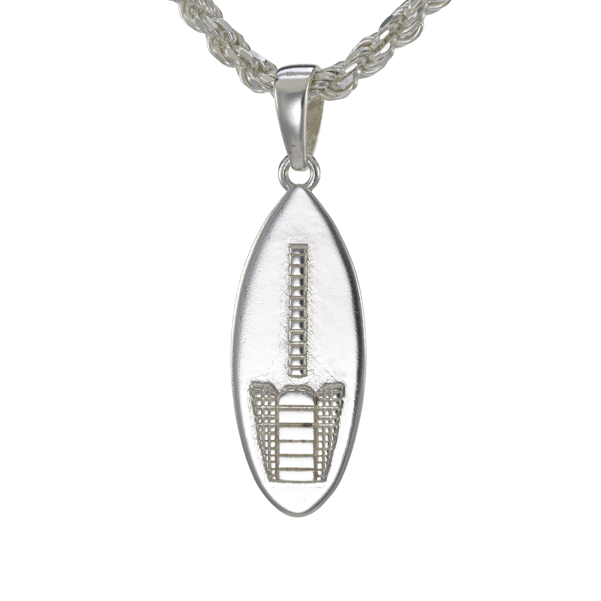 A sterling silver skimboard pendant shown hanging on a rope necklace