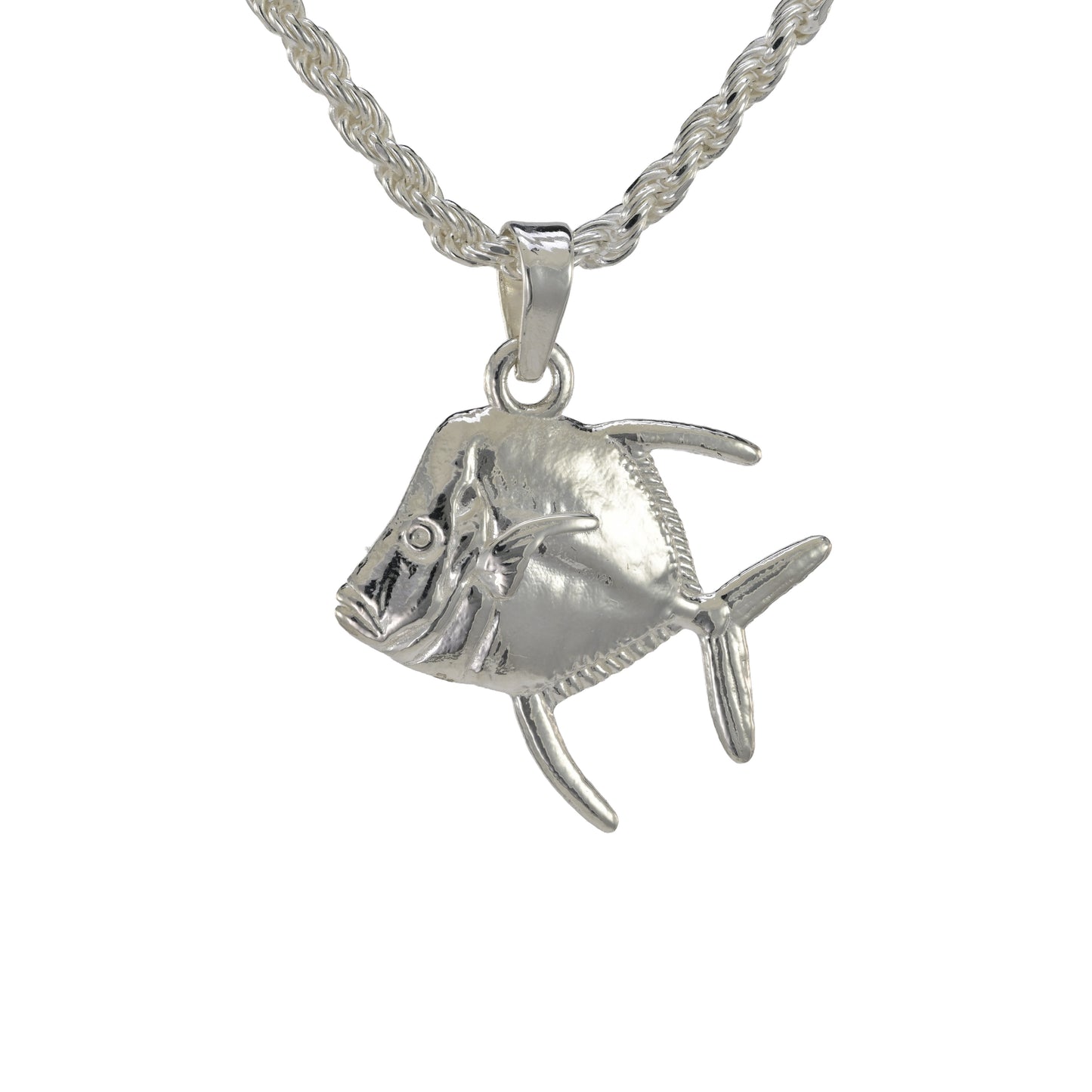 Small version of the lookdown angel fish facing left made in sterling silver shown on a rope necklace