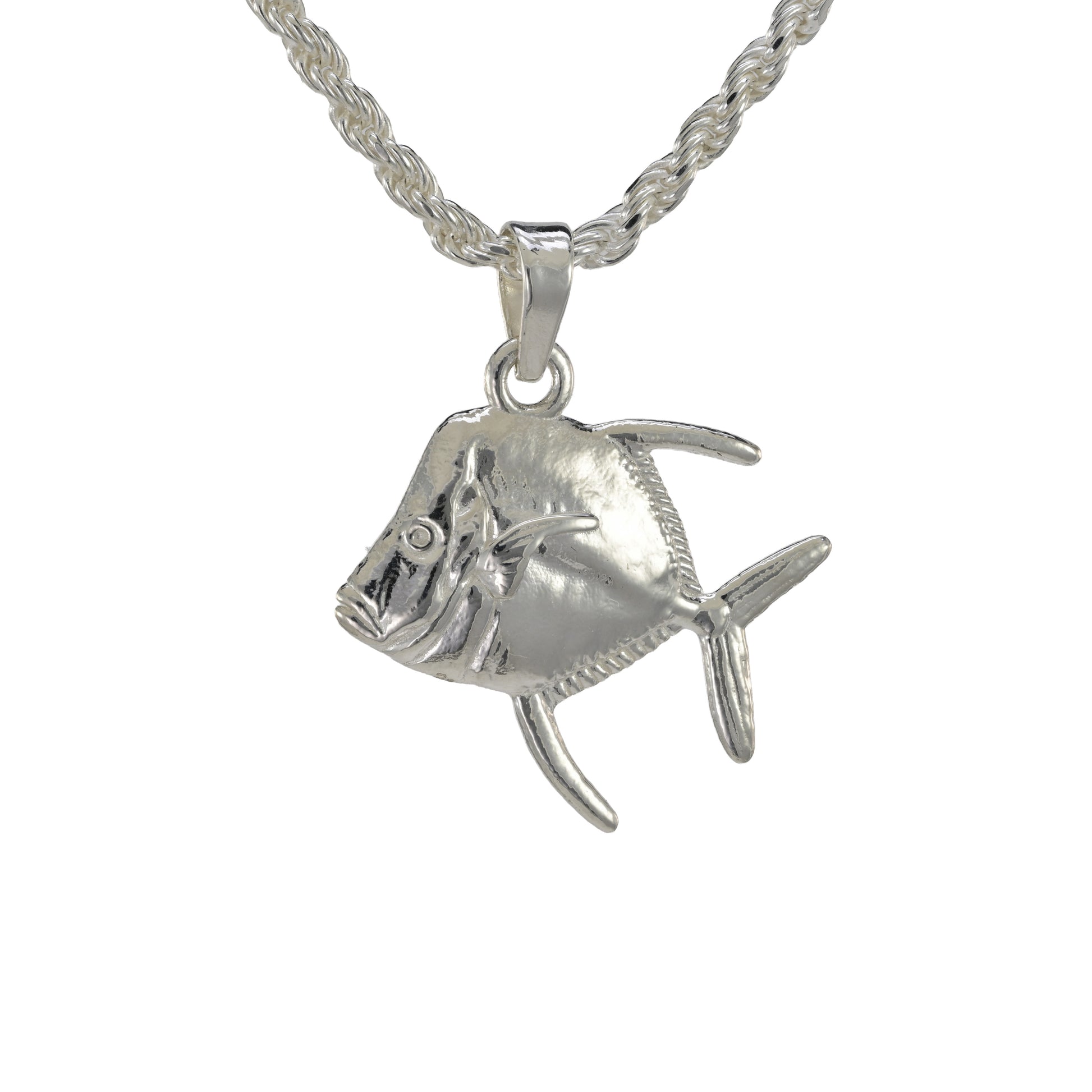 Small version of the lookdown angel fish facing left made in sterling silver shown on a rope necklace