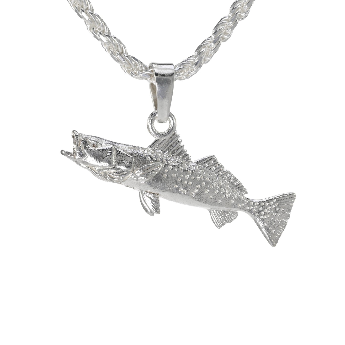 Speckled sea trout pendant small facing left hung on a rope necklace