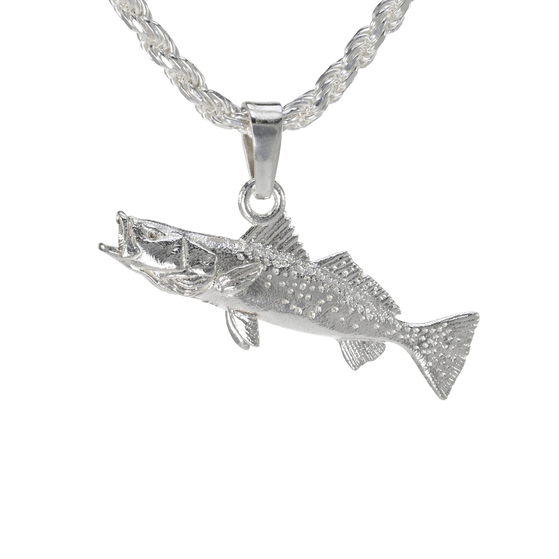 Speckled sea trout pendant small facing left hung on a rope necklace
