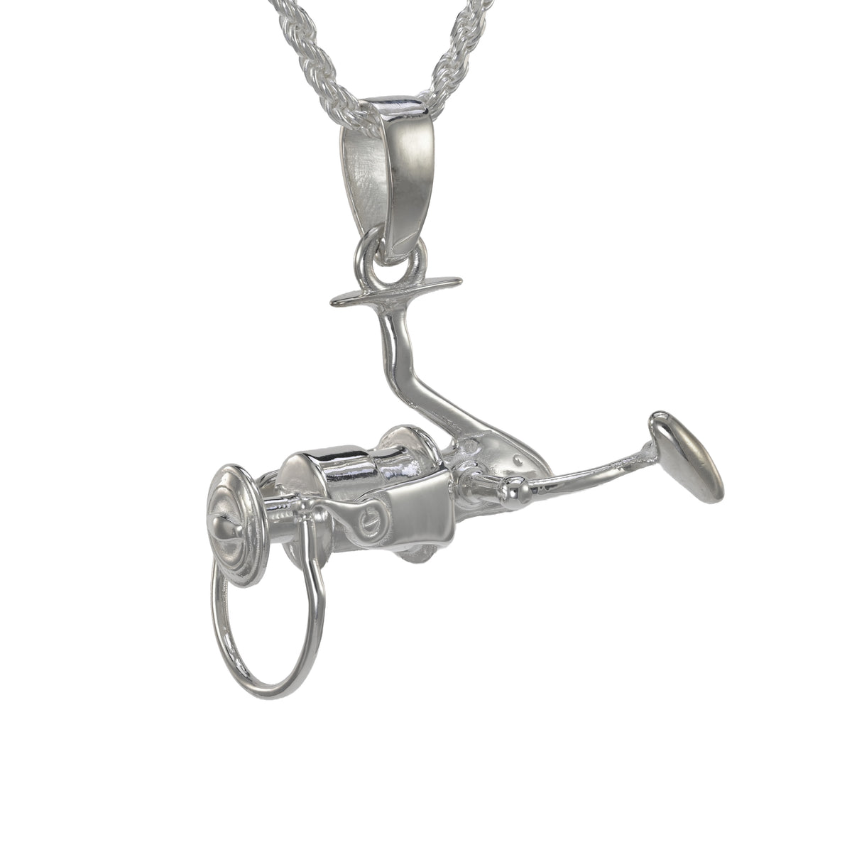 Sterling silver spinning fishing reel pendant hanging on a rope necklace
