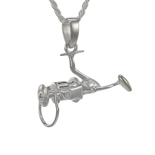 Sterling silver spinning fishing reel pendant hanging on a rope necklace