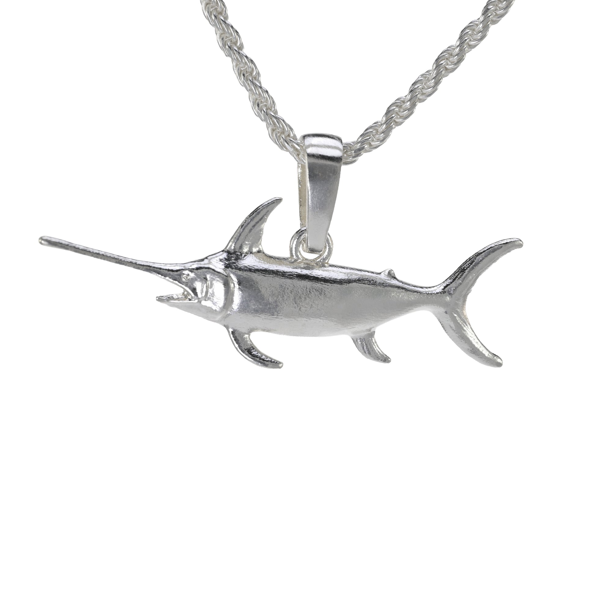 Medium sized single sided swordfish pendant in sterling silver