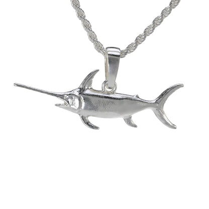 Medium sized single sided swordfish pendant in sterling silver