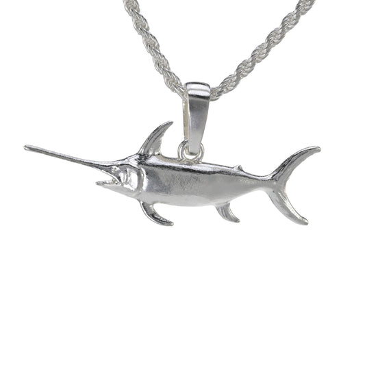 Medium sized single sided swordfish pendant in sterling silver