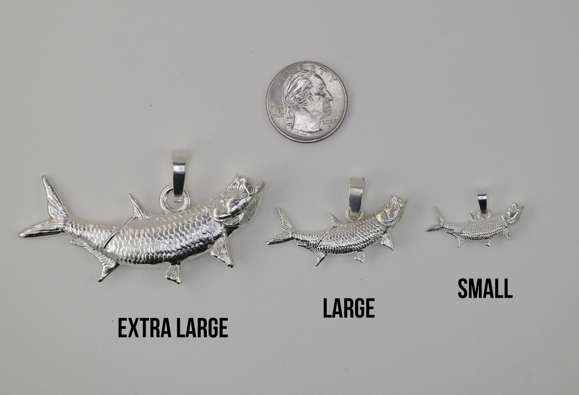 Size reference photo extra large tarpon vs large tarpon vs small tarpon vs U.S. Quarter