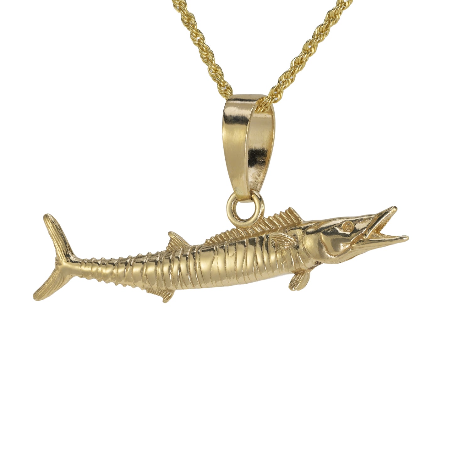 Gold Wahoo fish pendant on a gold chain against a white background
