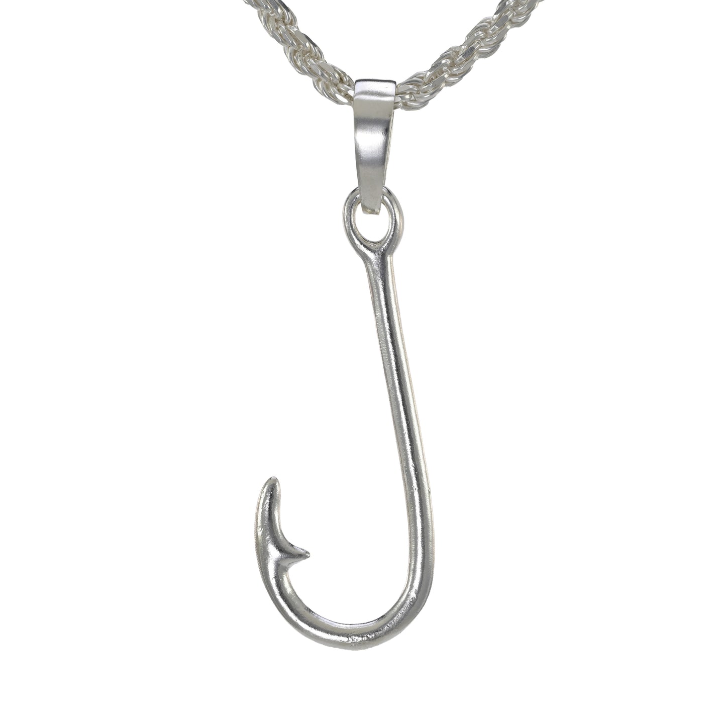 The extra large J Hook pendant made in sterling silver shown hanging on a rope necklace. 