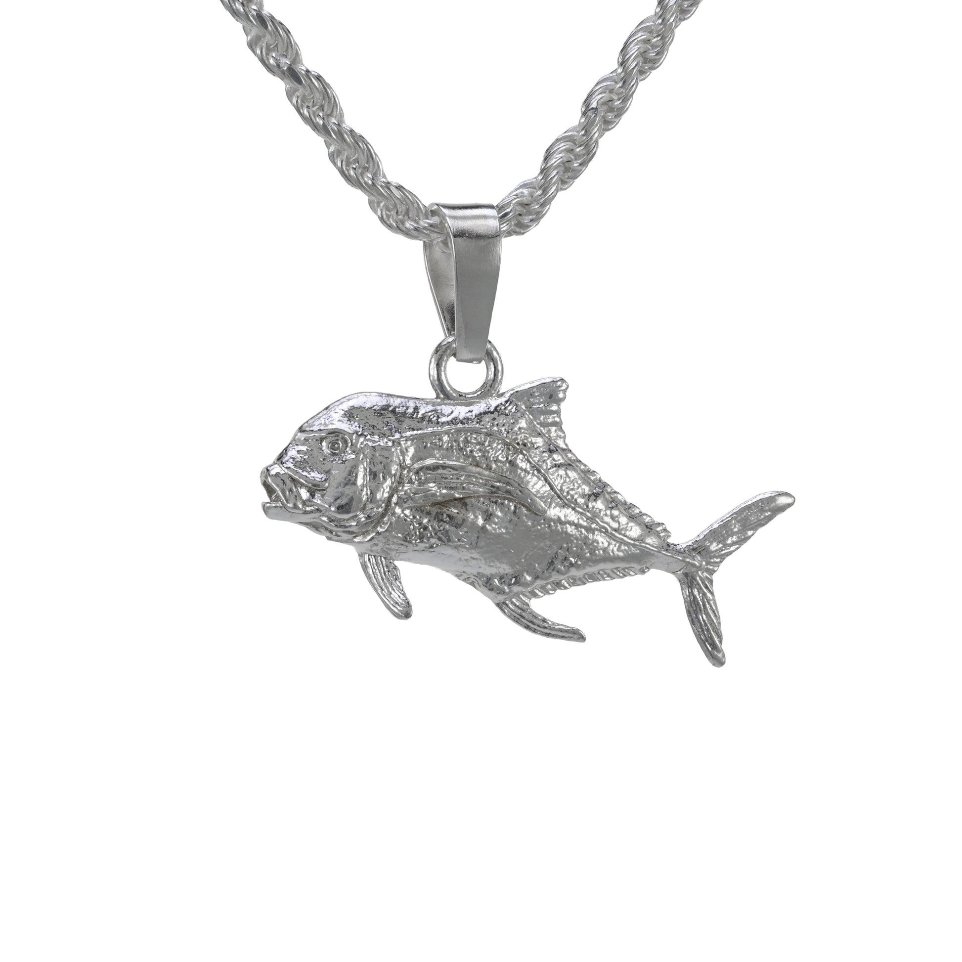 Small African pompano pendant made in solid sterling silver on a rope necklace