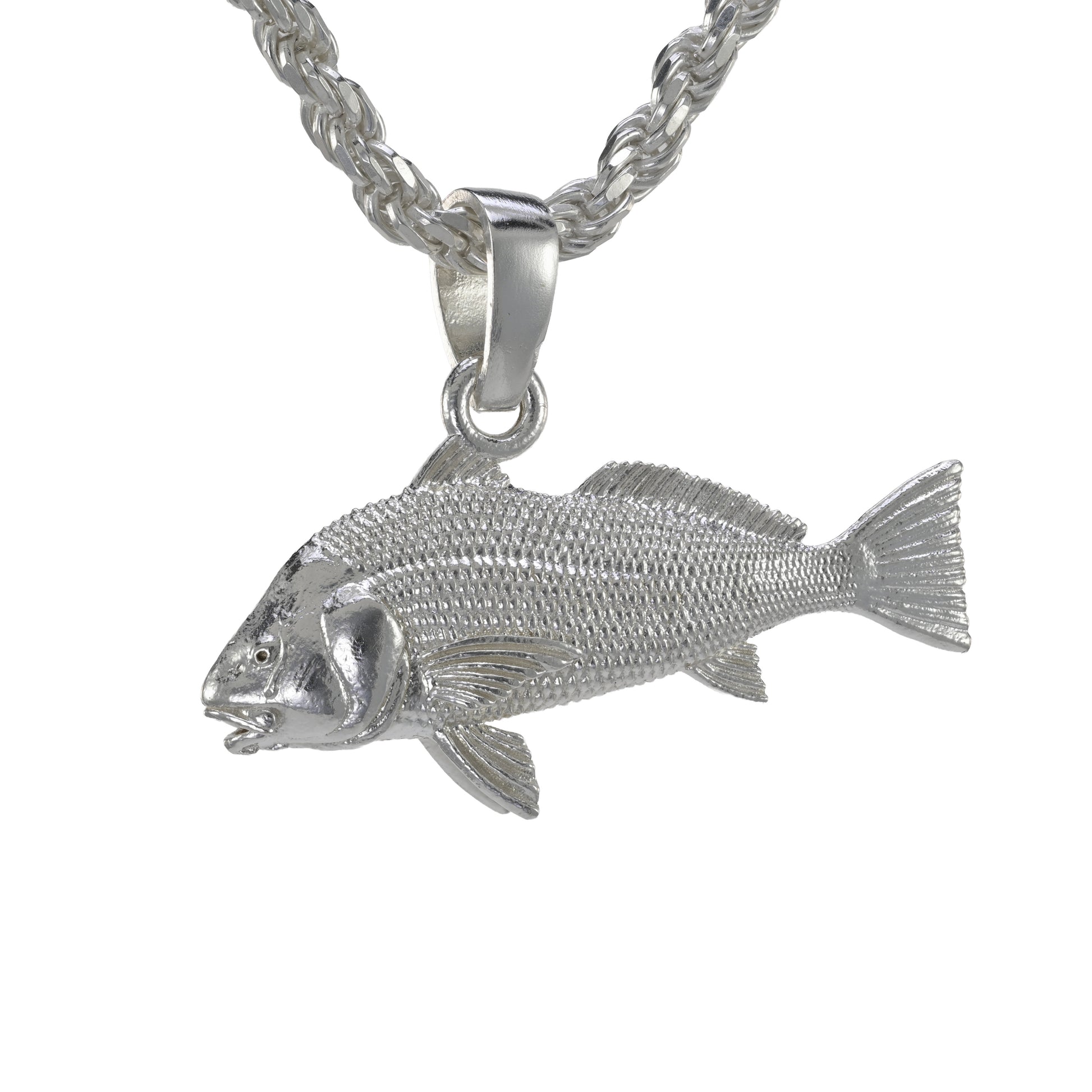 Large black drum pendant facing left in sterling silver double sided