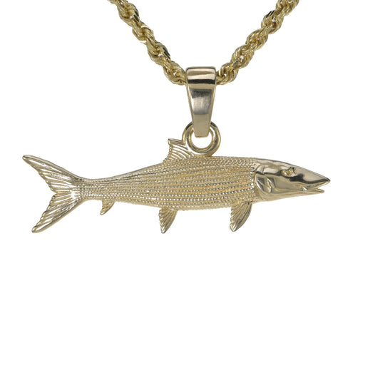 Small bonefish in 14k yellow gold on a rope necklace