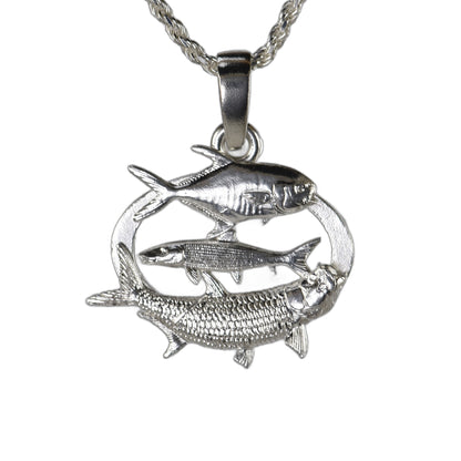 Grand Slam Inshore Pendant - Permit - Bonefish - Tarpon - Large shown on a silver necklace made out of sterling silver