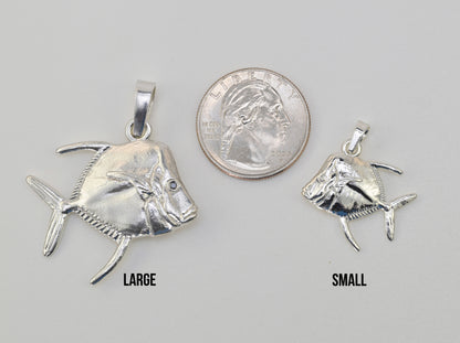 Lookdown fish pendant made in sterling silver size reference photo next to a quarter