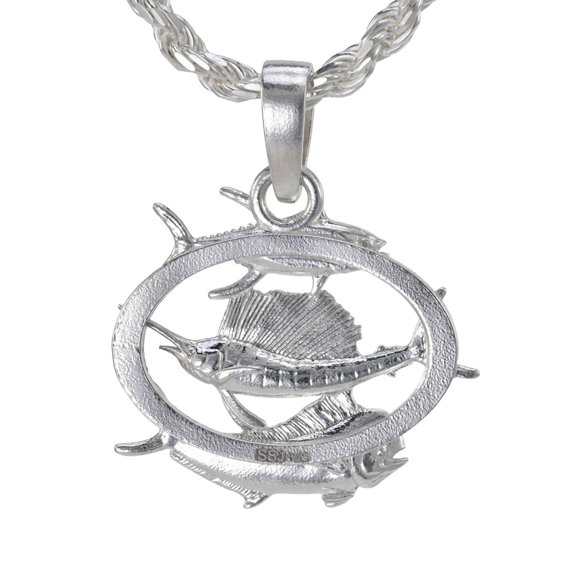 The back side of sterling silver pendant that features a yellowfin tuna, Sailfish, and Mahi hanging on a rope necklace. 