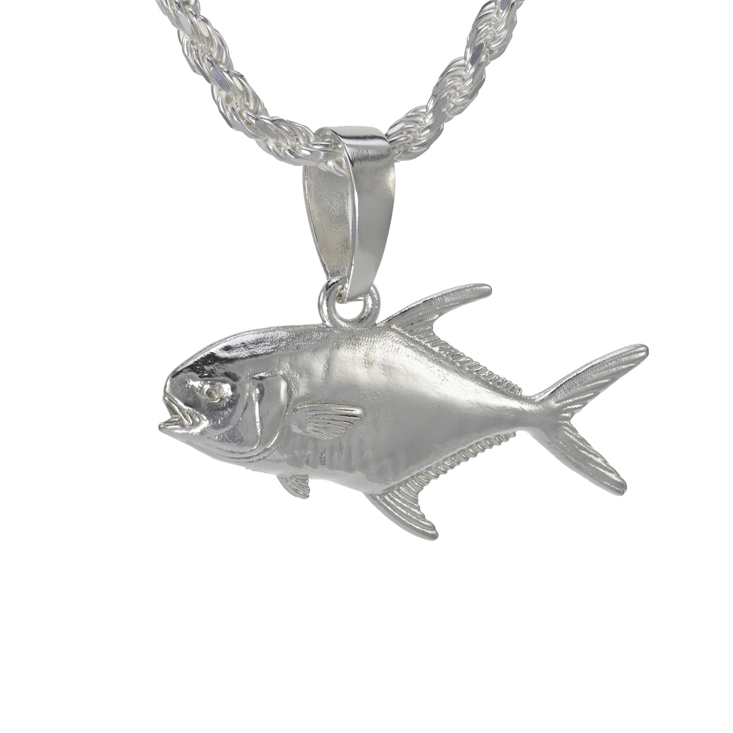 Large permit pendant solid sterling silver double sided detail on a rope necklace