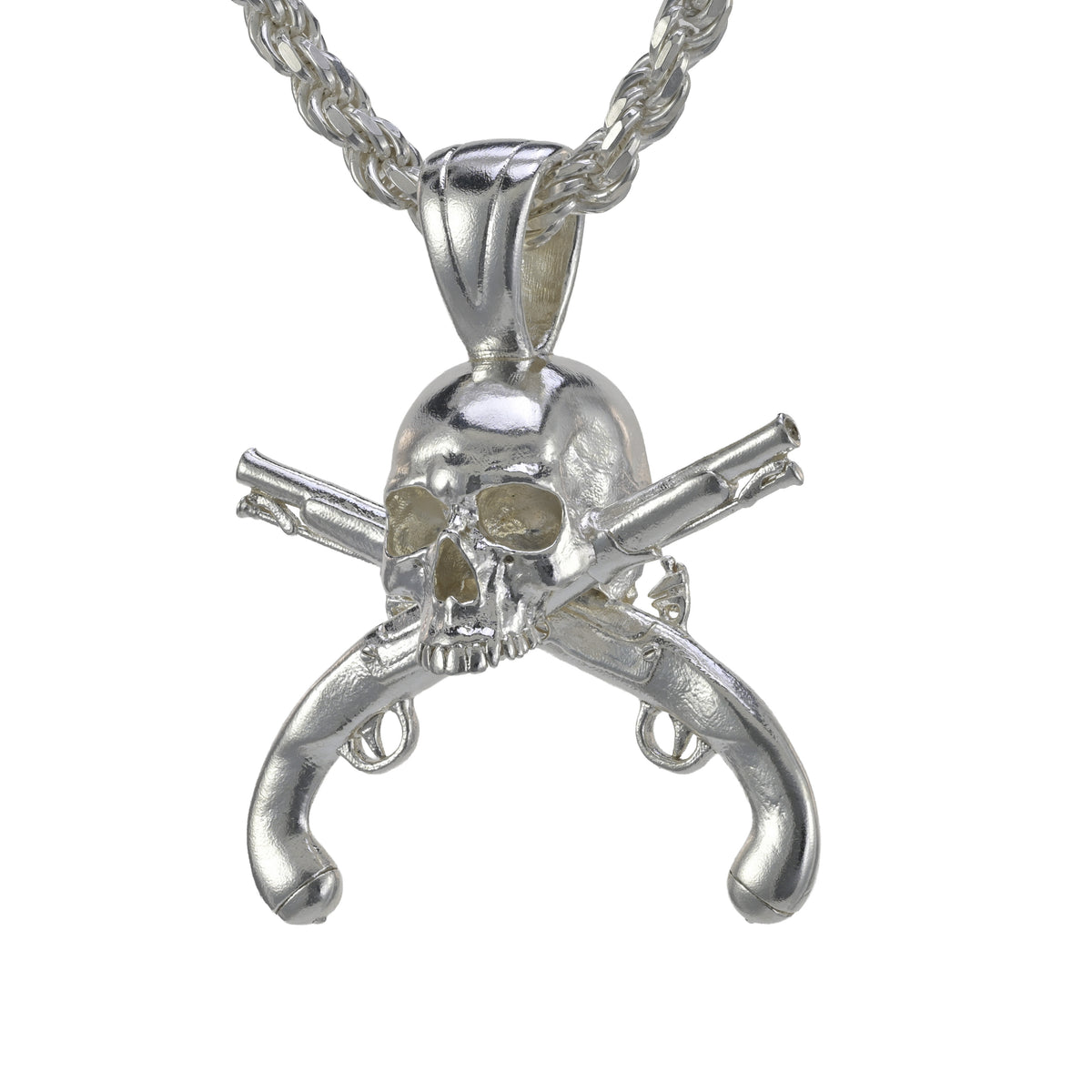 Pirate Skull with crossed pistols pendant on a rope necklace
