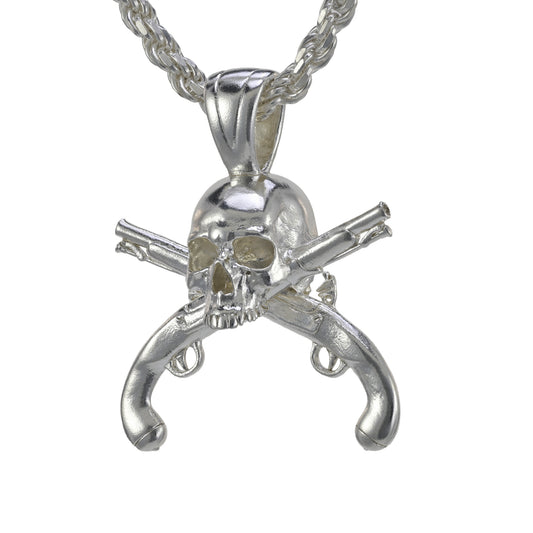 Pirate Skull with crossed pistols pendant on a rope necklace