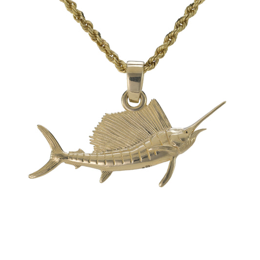 The medium size sailfish pendant in 14k yellow gold on a rope necklace