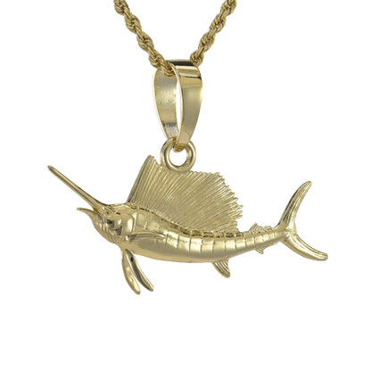The large sailfish pendant in 18k solid yellow gold, double sided, with a large bail