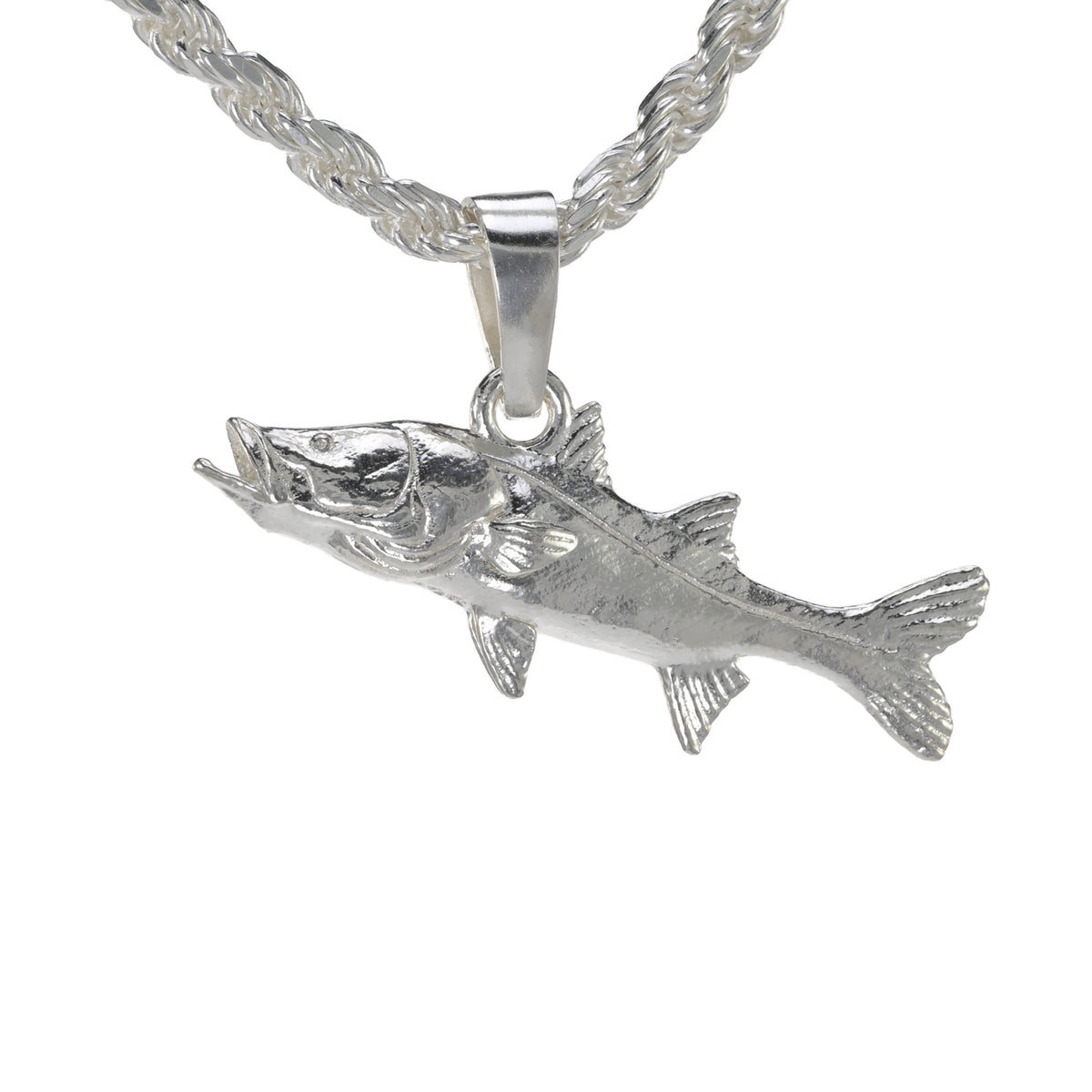 Small sterling silver snook charm shown on a rope necklace