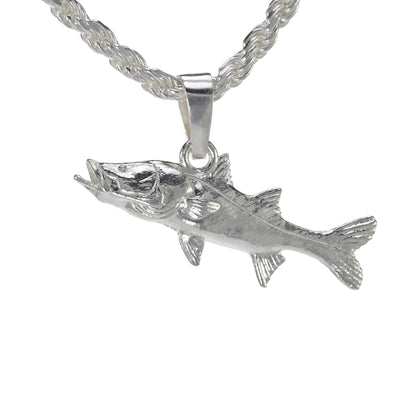 Small sterling silver snook charm shown on a rope necklace