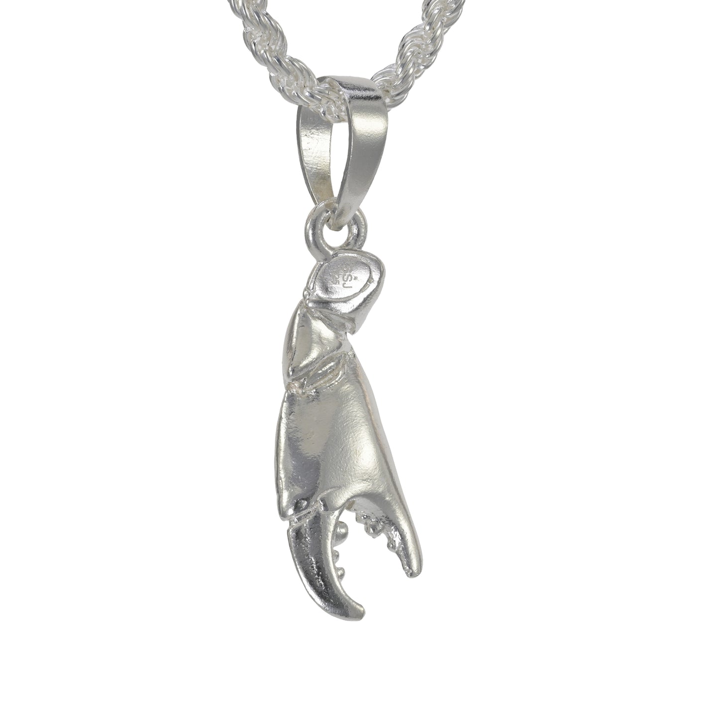 Stone Crab claw pendant in sterling silver with a medium size bail shown on a rope necklace 