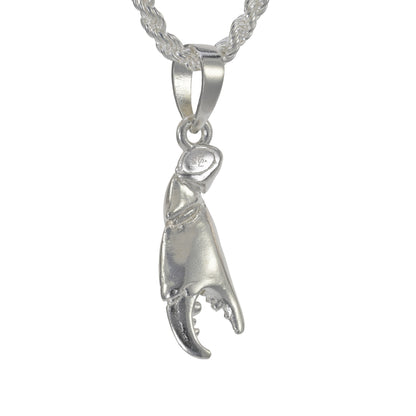Stone Crab claw pendant in sterling silver with a medium size bail shown on a rope necklace 