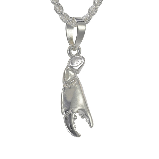 Stone Crab claw pendant in sterling silver with a medium size bail shown on a rope necklace 