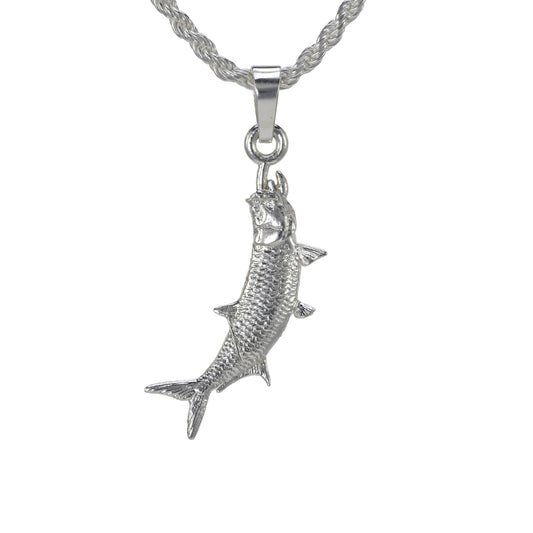 The small sterling silver tarpon pendantvertically hung shown on a rope necklace