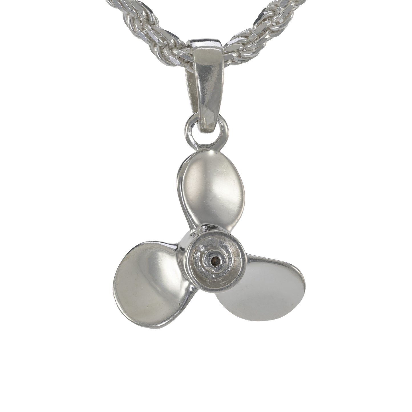 Three blade propeller pendant in sterling silver on a rope necklace