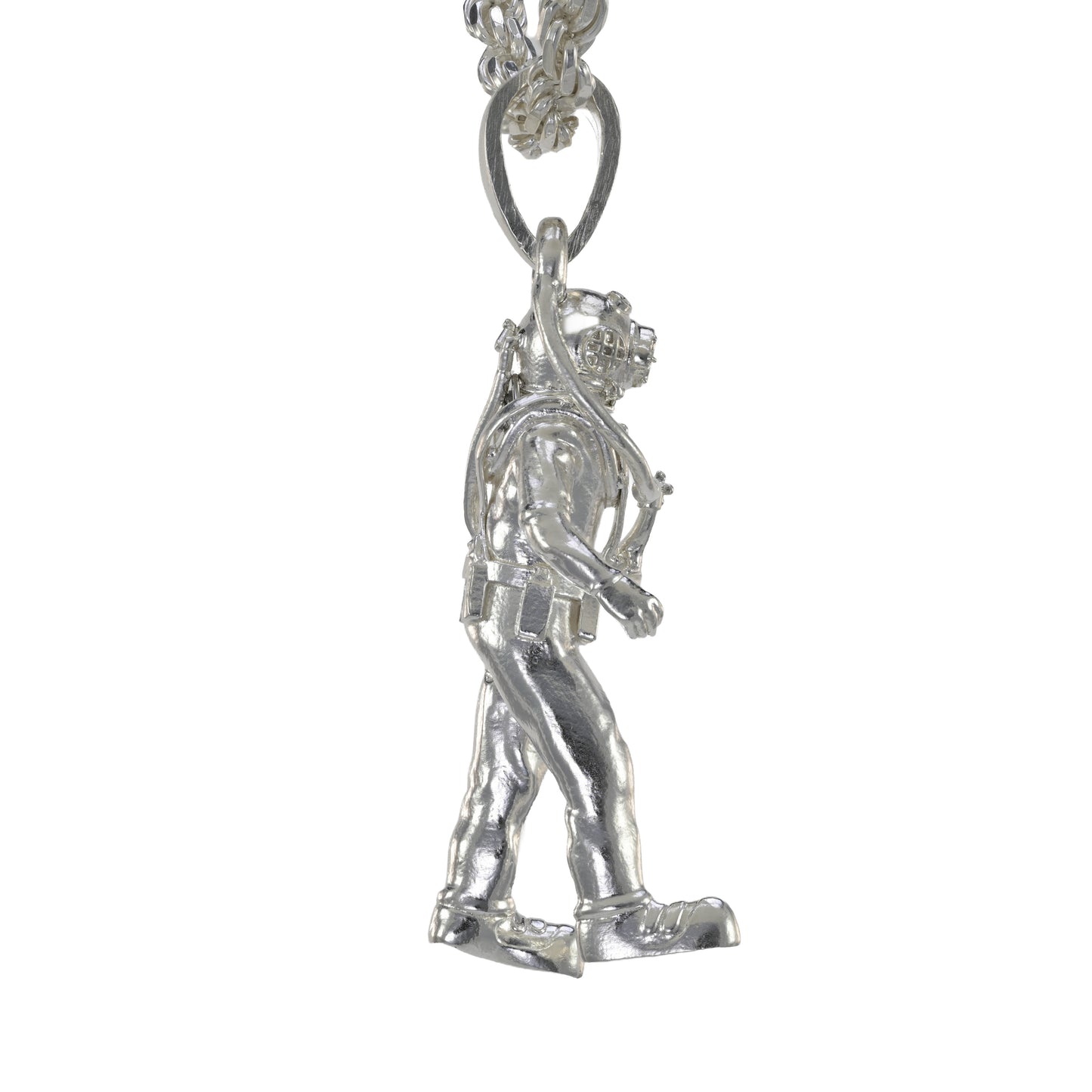Traditional hard hat diver pendant made in sterling silver on a rope necklace